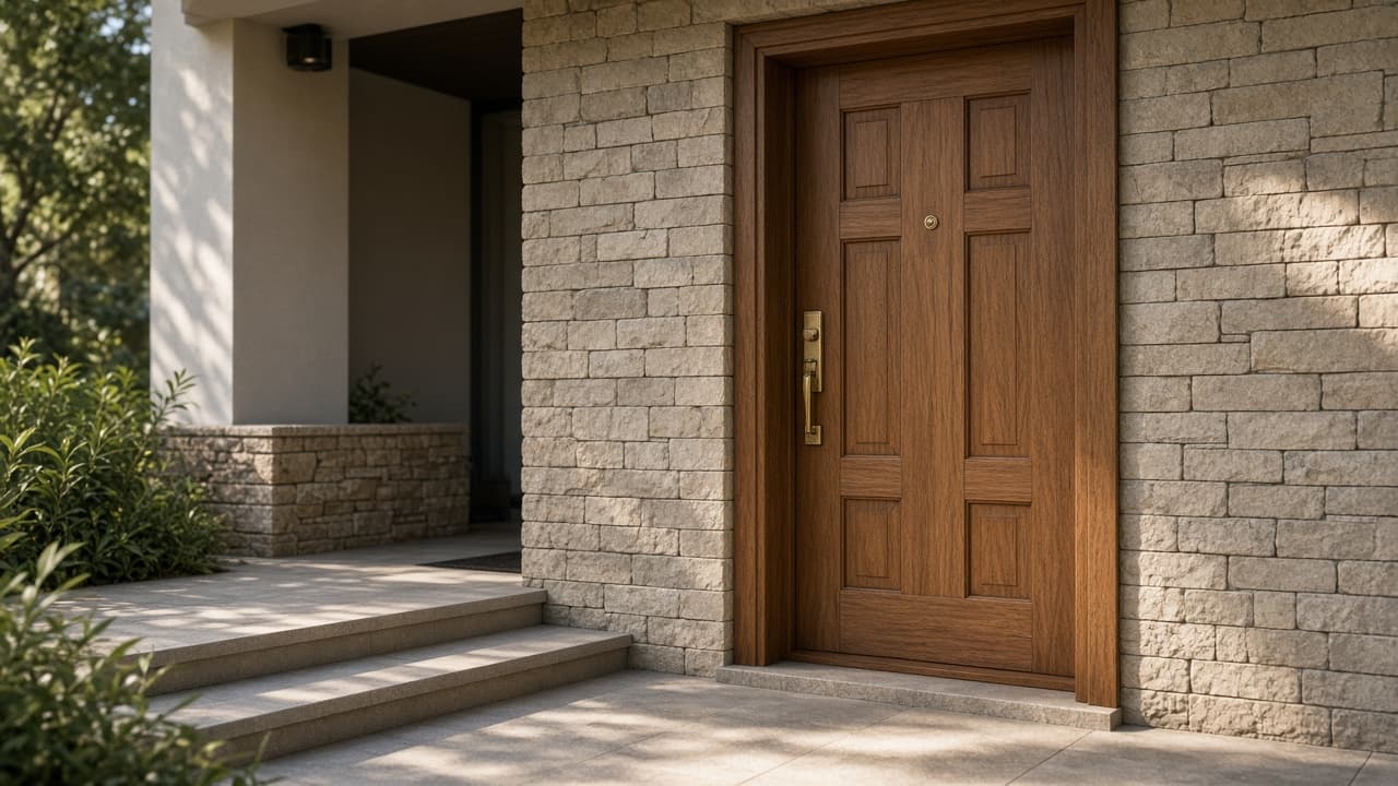 Wooden entrance door offer banner