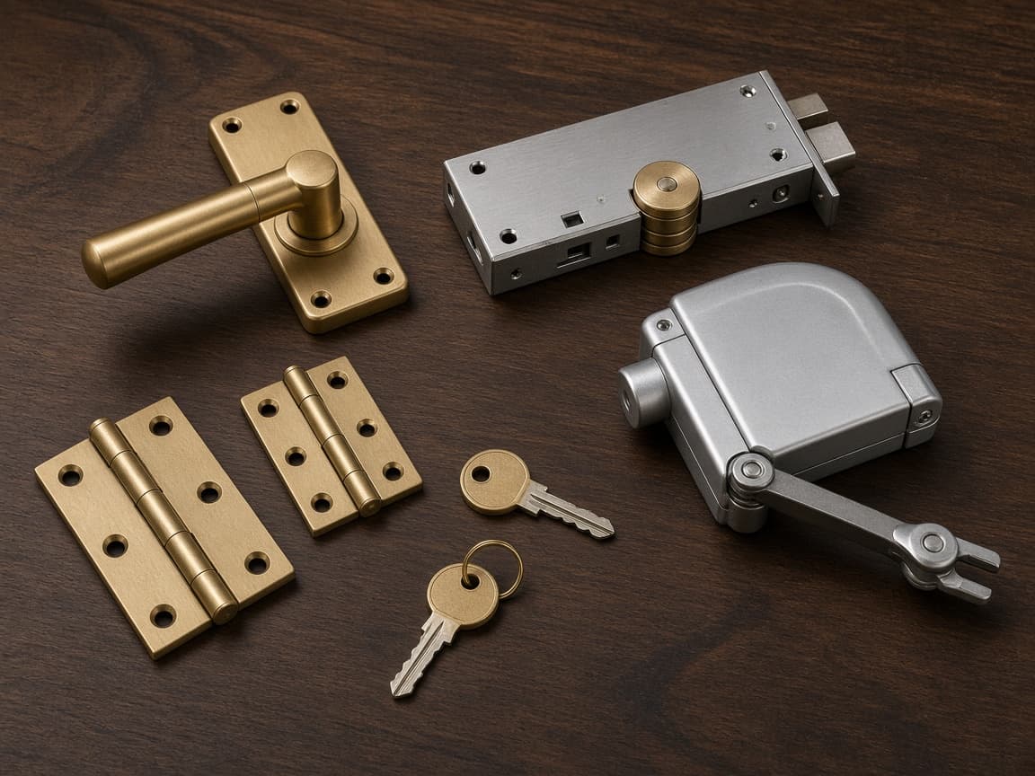 Brass handle, mortise lock, hinges and door closer
