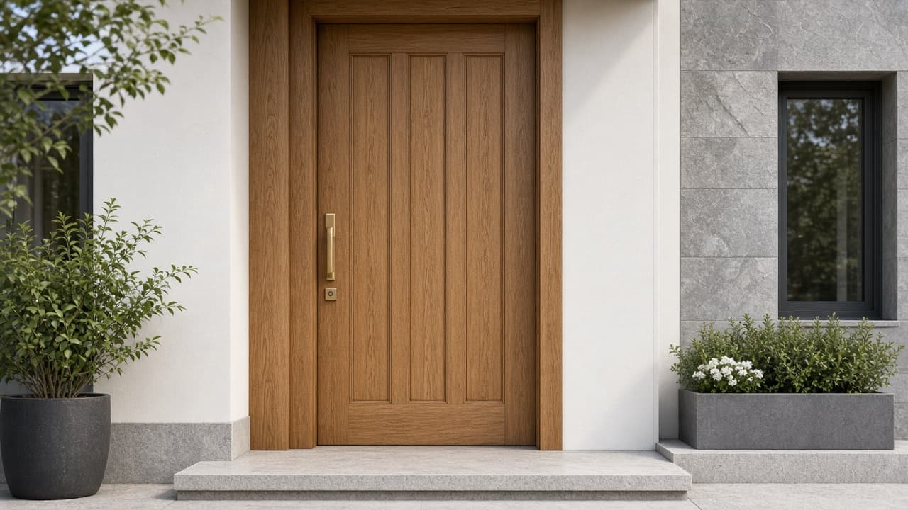 Premium wooden entrance door with brass handle